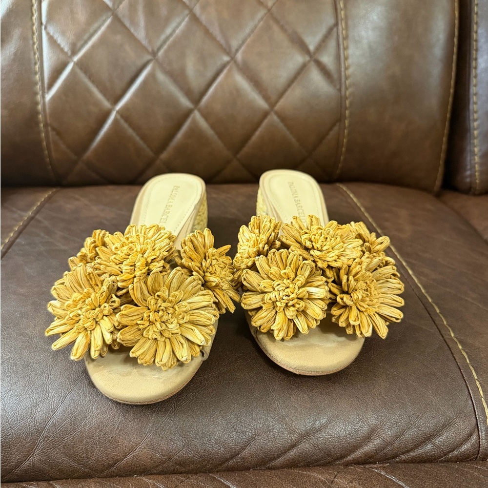 Paloma Barcelo Yellow Raffia Floral Block Heel Mules - Picture 2 of 10